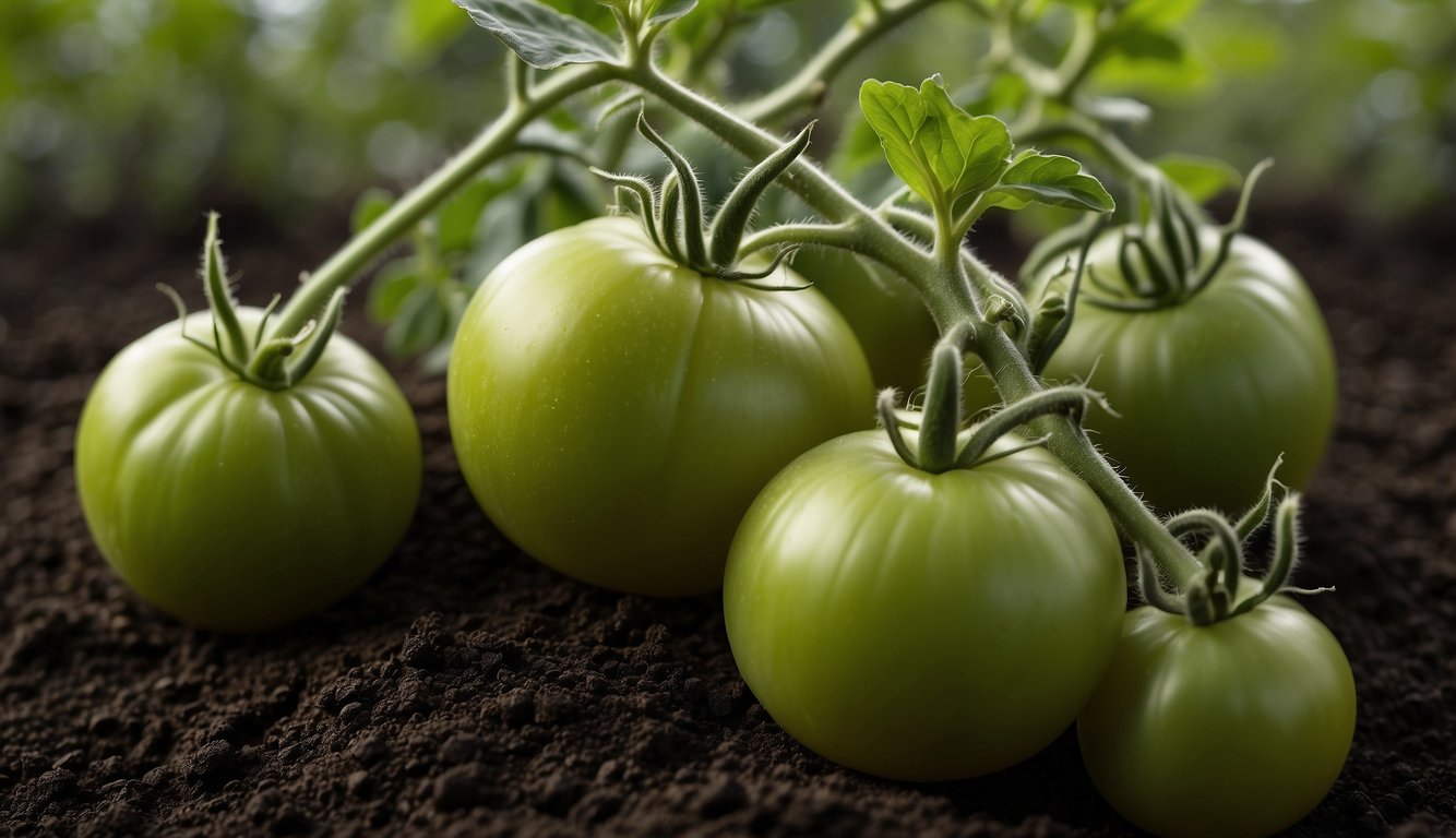 A close-up view of green tomatoes growing in rich, dark soil, showcasing their health and vitality.