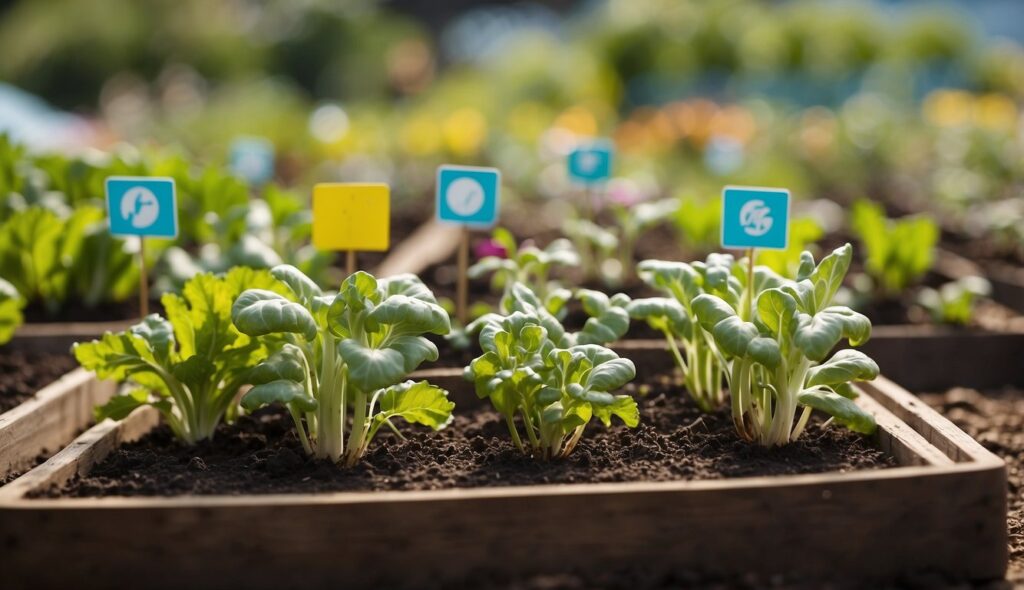 A square foot garden with various green plants and labeled tags.