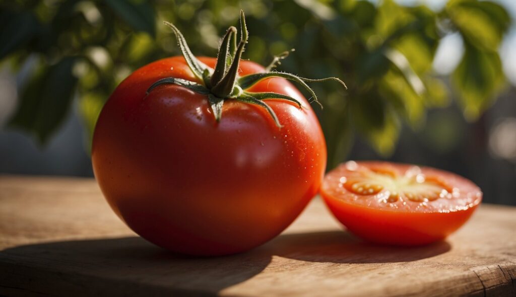 A ripe, red tomato and a sliced half sit on a wooden surface, bathed in sunlight with green leaves in the background.