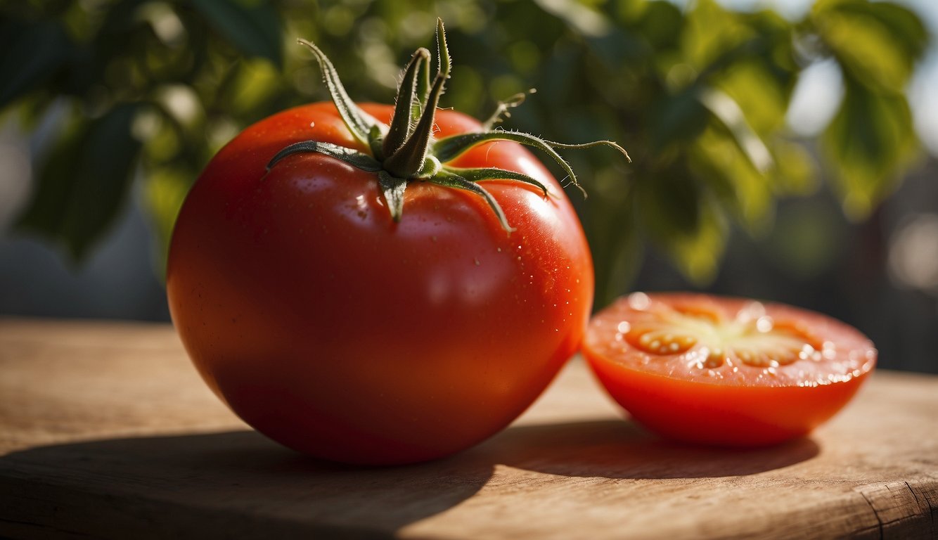 A ripe, red tomato and a sliced half sit on a wooden surface, bathed in sunlight with green leaves in the background.