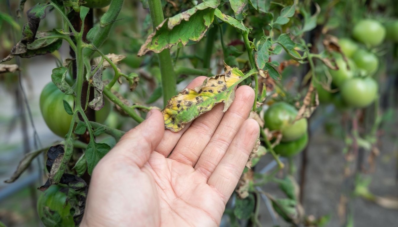 A hand holding a yellowing tomato leaf covered in black spots, surrounded by other damaged leaves and green tomatoes on the vine.
