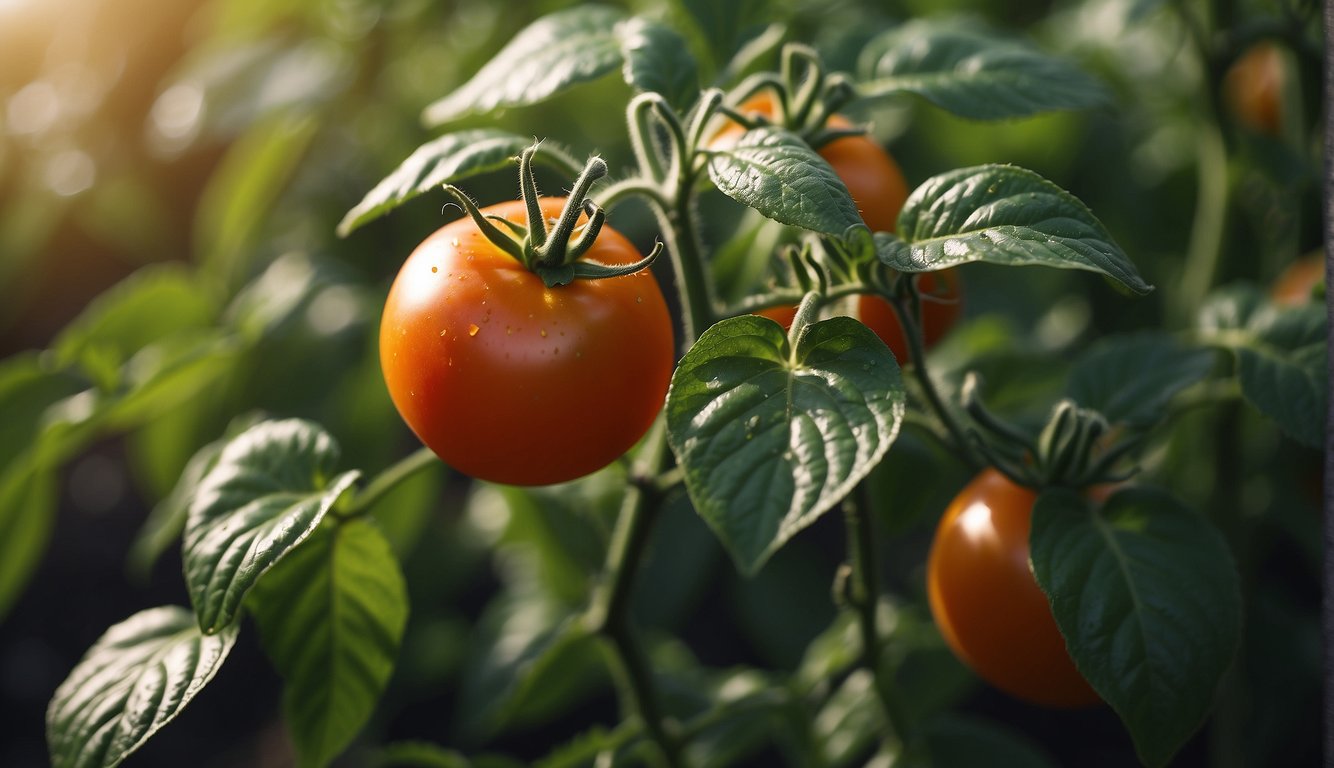 A close-up of a healthy tomato plant with ripe tomatoes and lush green leaves in sunlight.