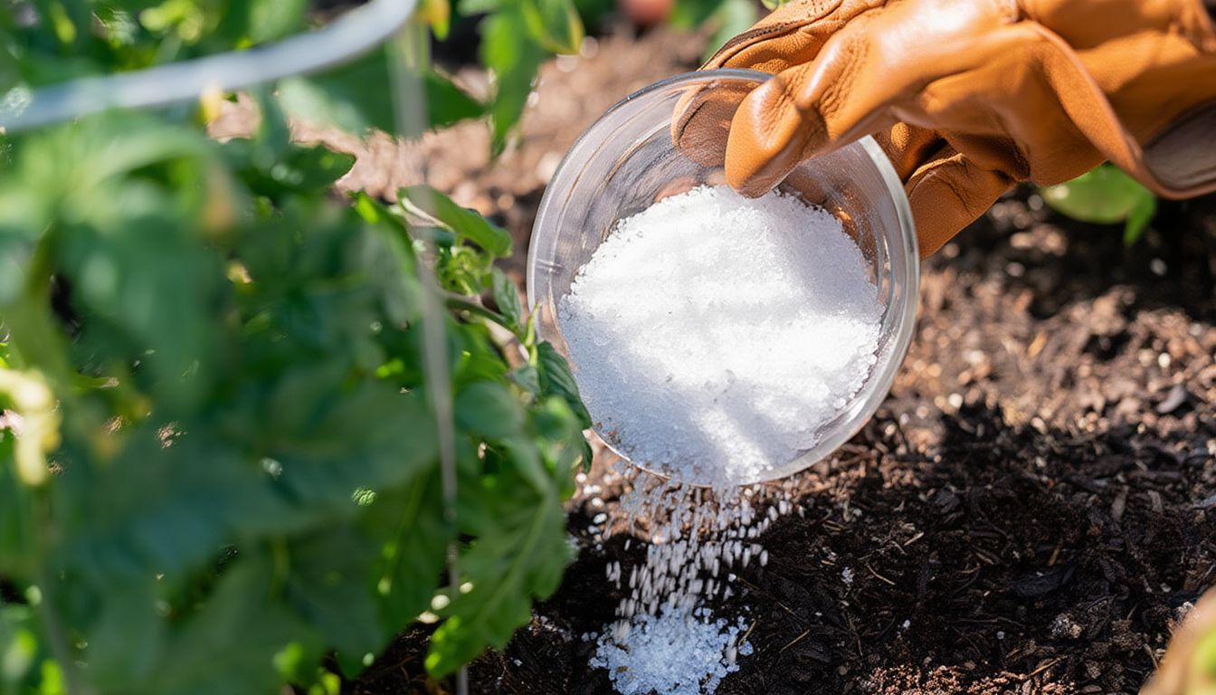 A gardener wearing brown gloves pours white granular Epsom salt from a clear container onto soil near a green plant in a garden bed.