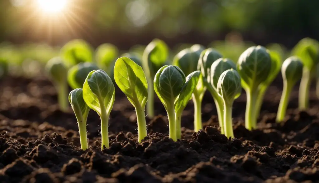 Young Brussels sprouts seedlings emerging from the soil, bathed in sunlight.