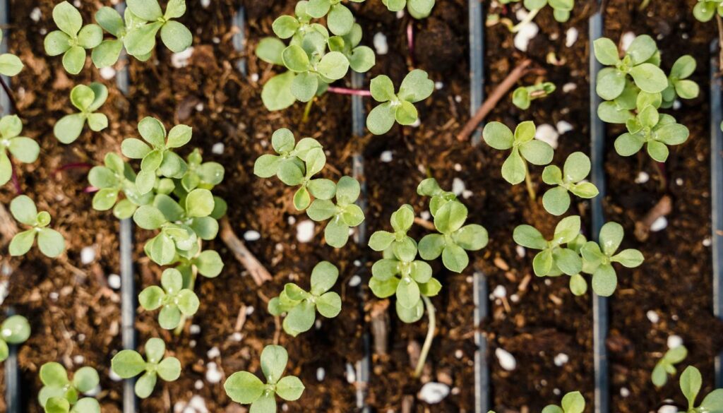 Close-up of Brussels sprouts seedlings growing in a soil-filled tray with small green leaves and perlite.