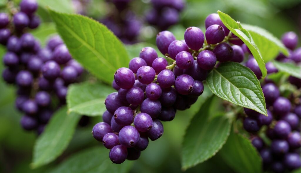 A beautyberry bush with vibrant purple clusters, surrounded by lush green leaves, in a garden setting.
