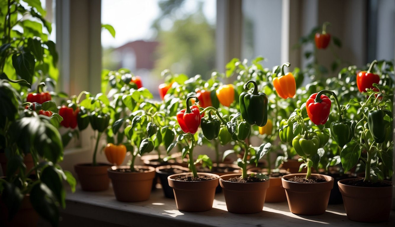 A variety of colorful bell peppers growing in pots on a sunny indoor windowsill.