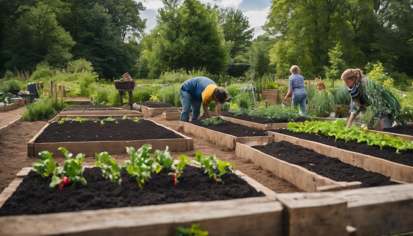 People tending to young plants in raised garden beds amidst a lush green environment.