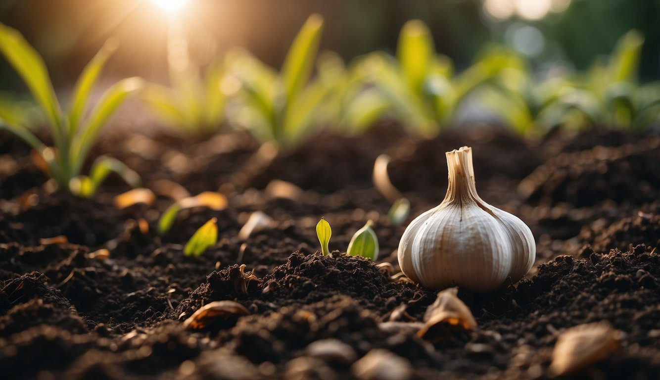A bulb of garlic placed on rich soil with young green sprouts emerging in the background, illuminated by soft sunlight.