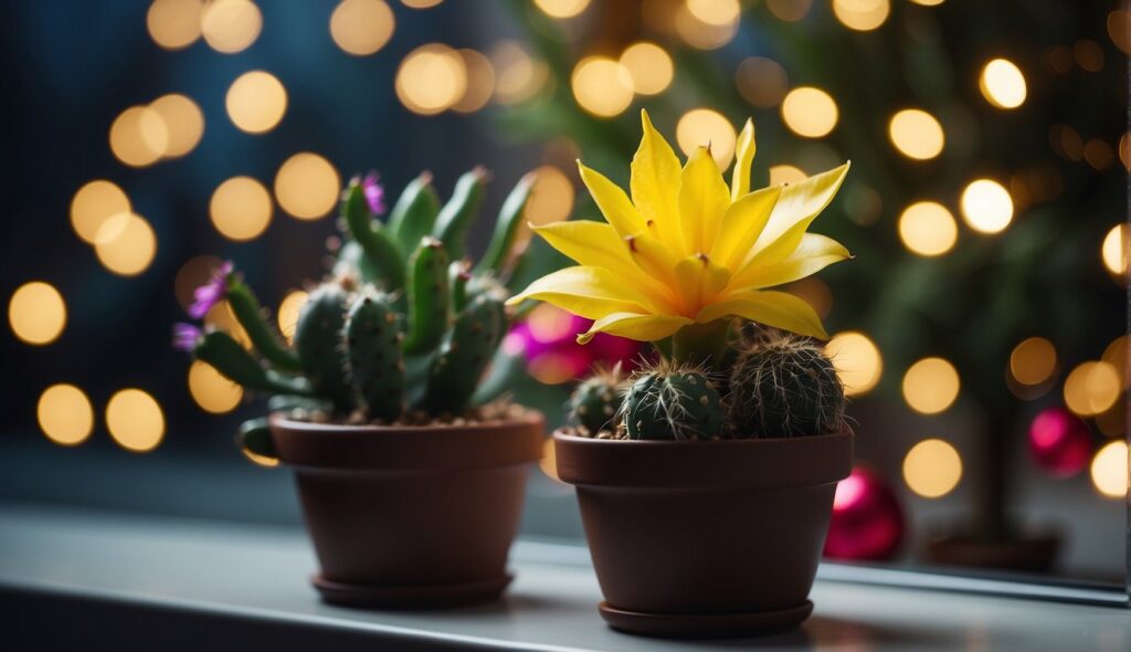 Two potted cacti on a windowsill, one with green leaves and purple flowers, the other with a prominent yellow flower, against a backdrop of bokeh lights.