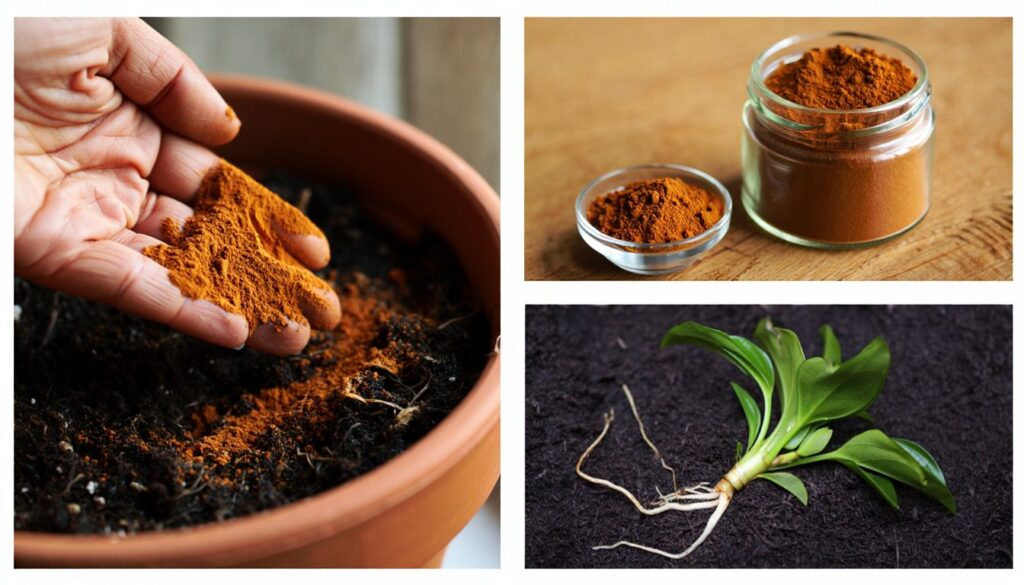 Hand dipping a plant cutting into cinnamon powder before planting in soil for natural root stimulation.