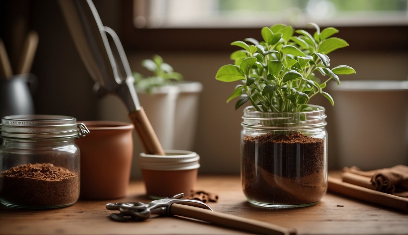 A jar of cinnamon rooting hormone next to a small plant, gardening tools, and pots on a wooden surface.