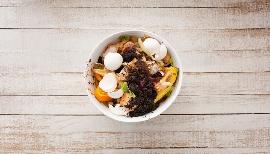 A white bowl filled with coffee grounds, eggshells, banana peels, and vegetable scraps sits on a white wooden surface.
