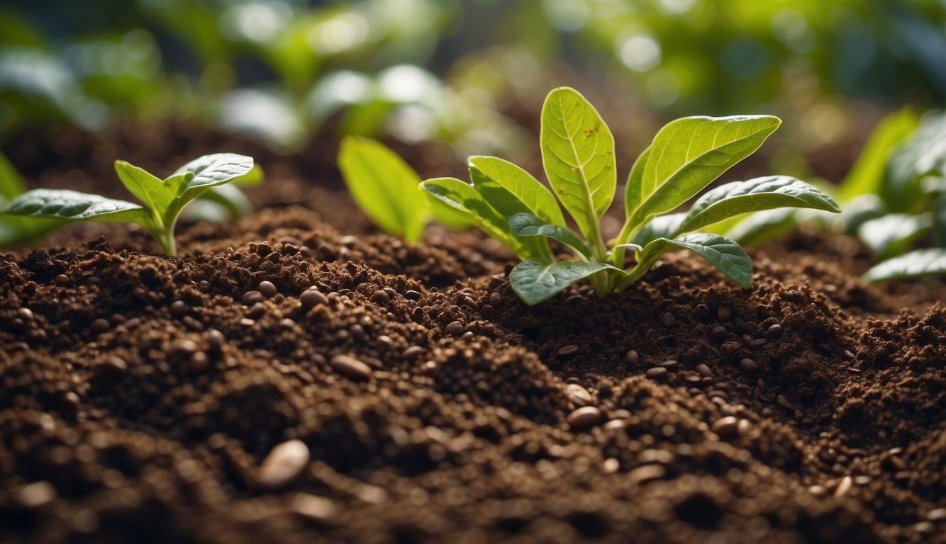 A close-up view of young plants emerging from soil enriched with coffee grounds, illustrating a natural pest control method.