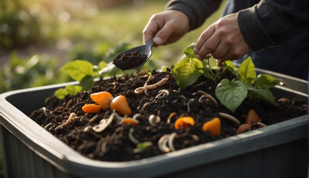 A person adding compost to a garden bed containing young plants, soil, and kitchen waste.