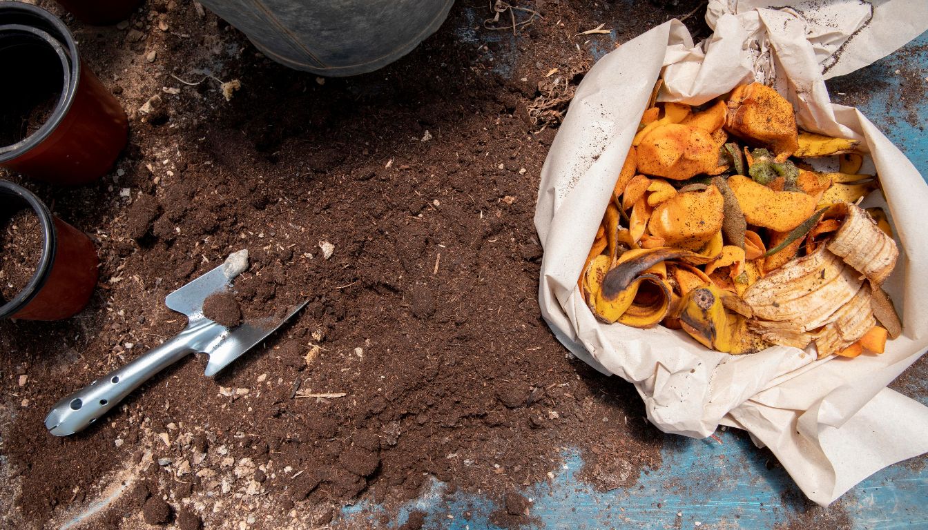 Organic kitchen scraps and rich compost soil arranged on a blue wooden surface with gardening tools and empty pots.