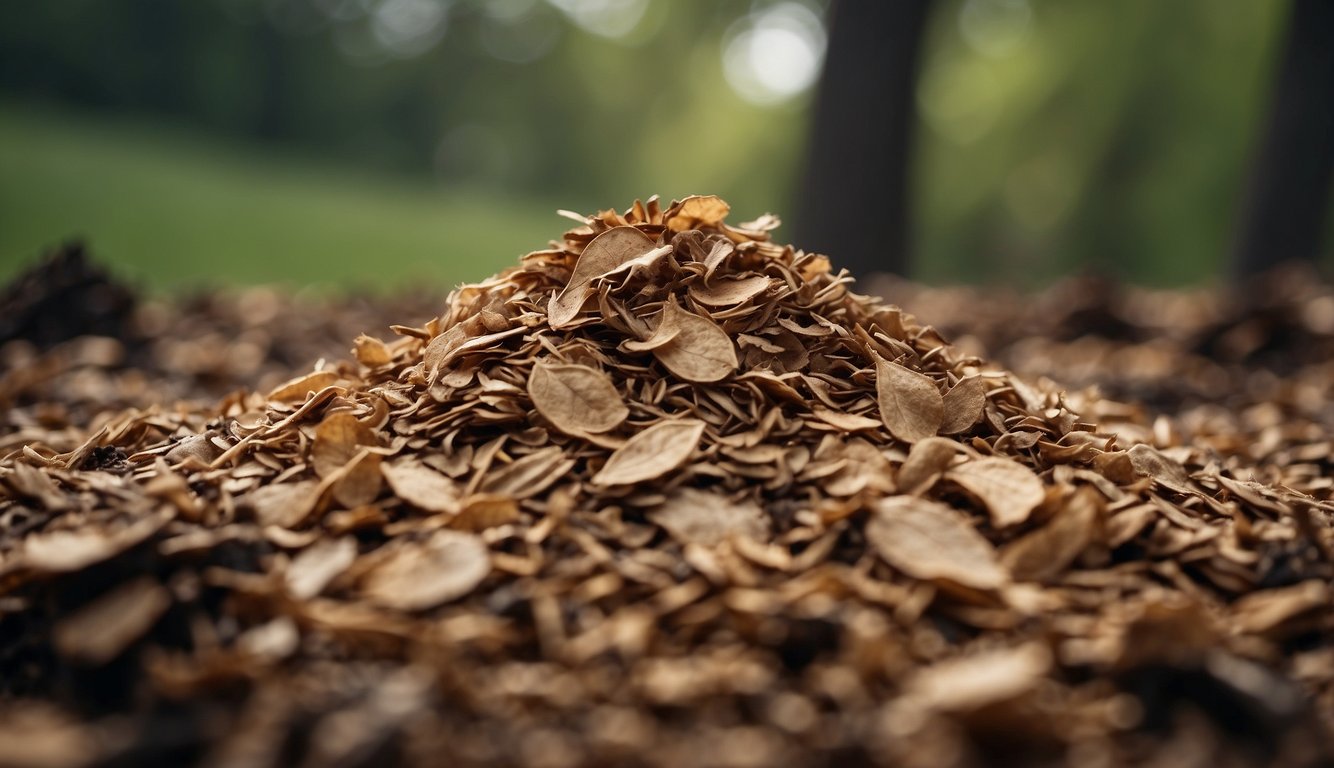 A close-up view of a pile of composting wood chips, with a focus on the textured layers of decomposing wood amidst a natural backdrop.