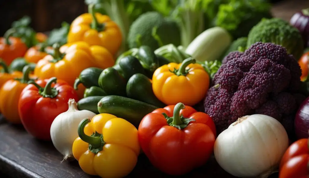 A variety of fresh, colorful vegetables displayed on a wooden surface.