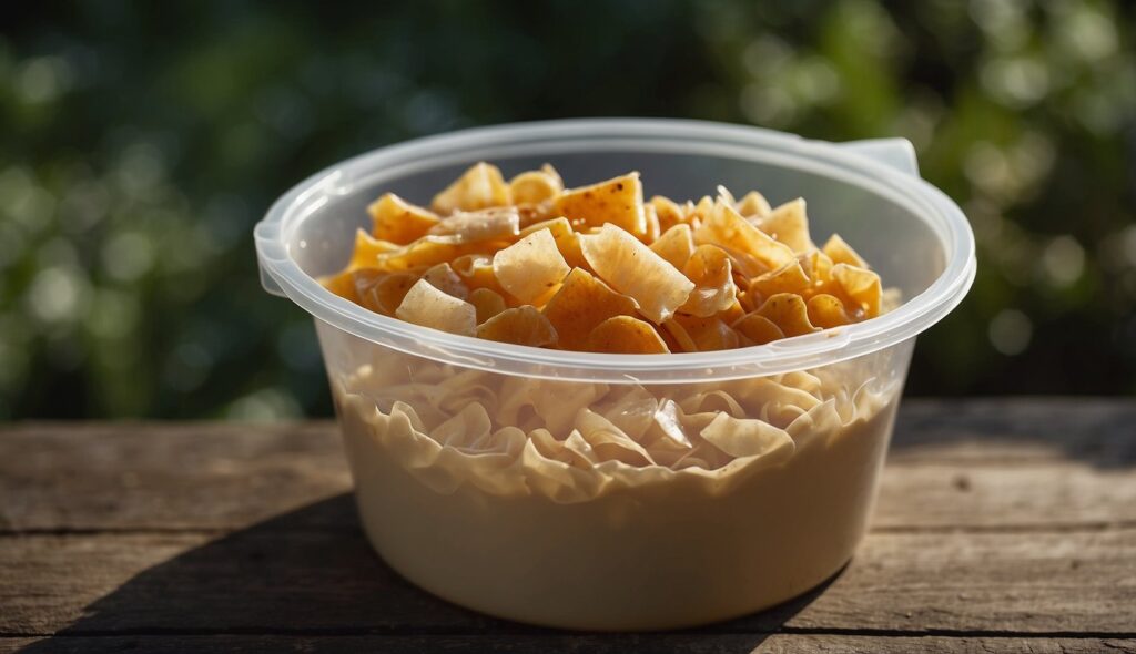 A plastic container filled with orange and white food scraps sits on a wooden surface, illuminated by natural light.