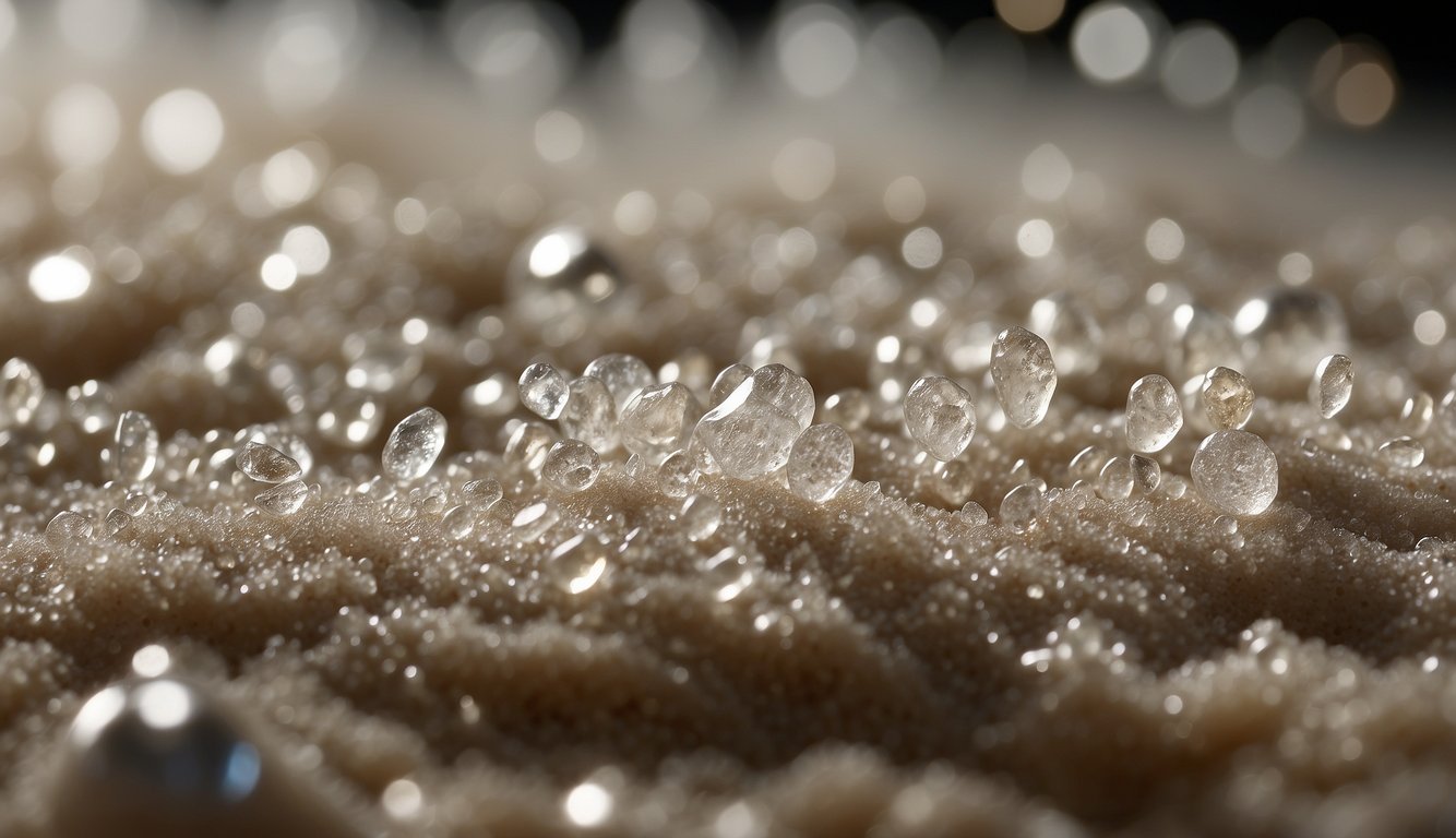 A close-up view of diatomaceous earth that is wet, showcasing glistening water droplets on the surface.