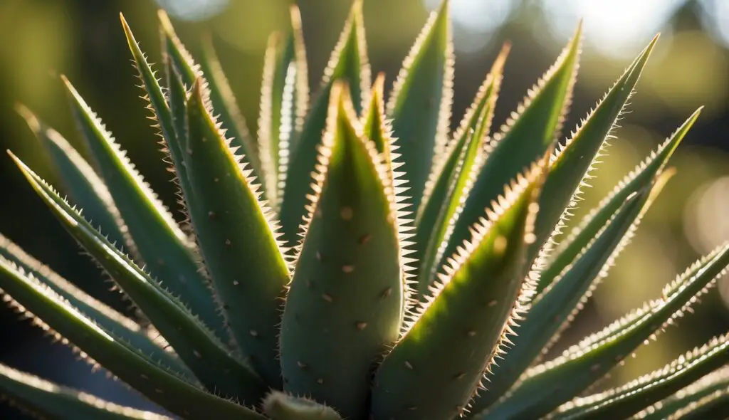 A person inspecting aloe vera plants growing in a garden, bathed in sunlight.