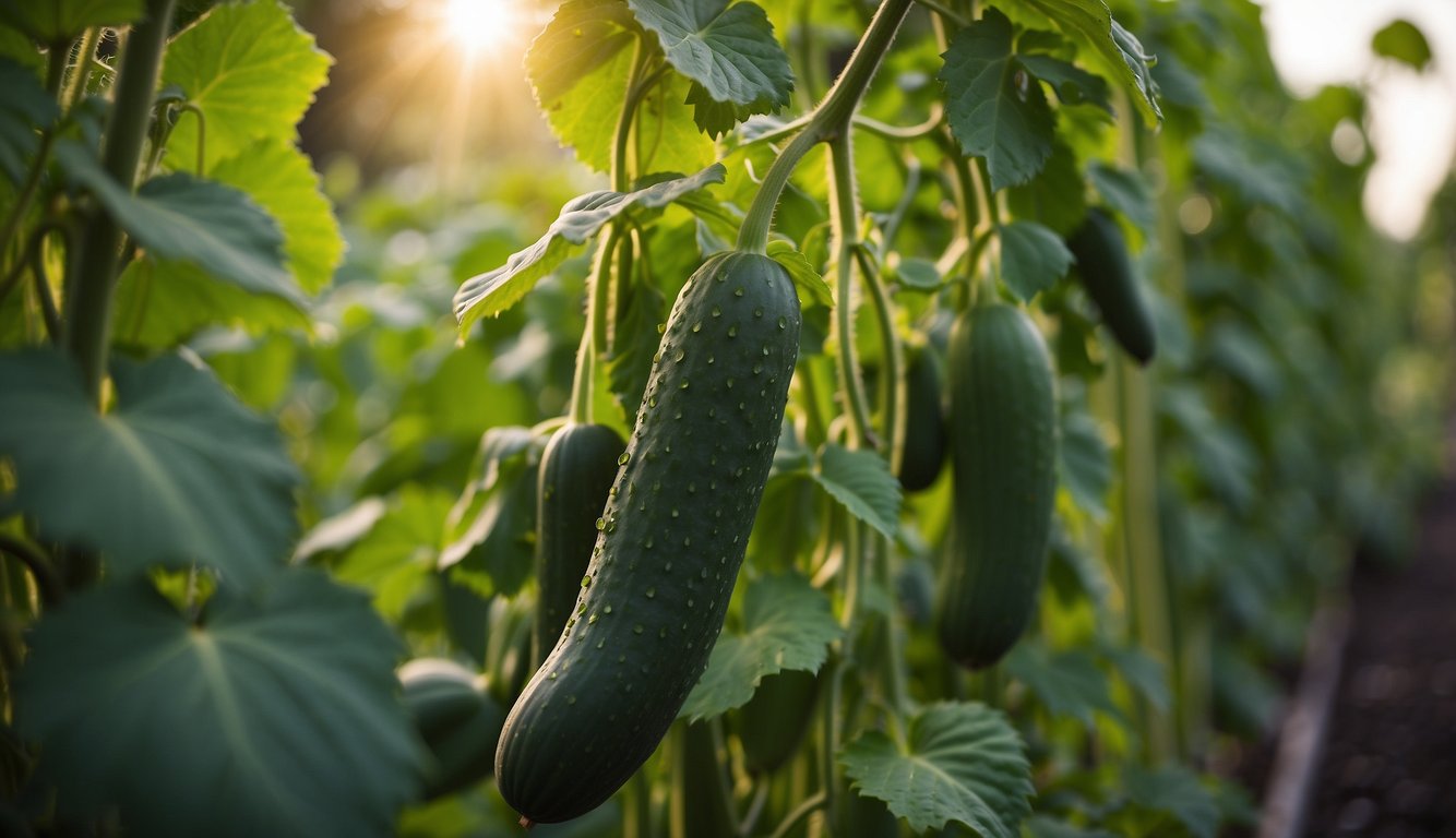 A close-up view of green cucumbers hanging from the vine, bathed in soft sunlight, showcasing the need for a trellis to support their growth.
