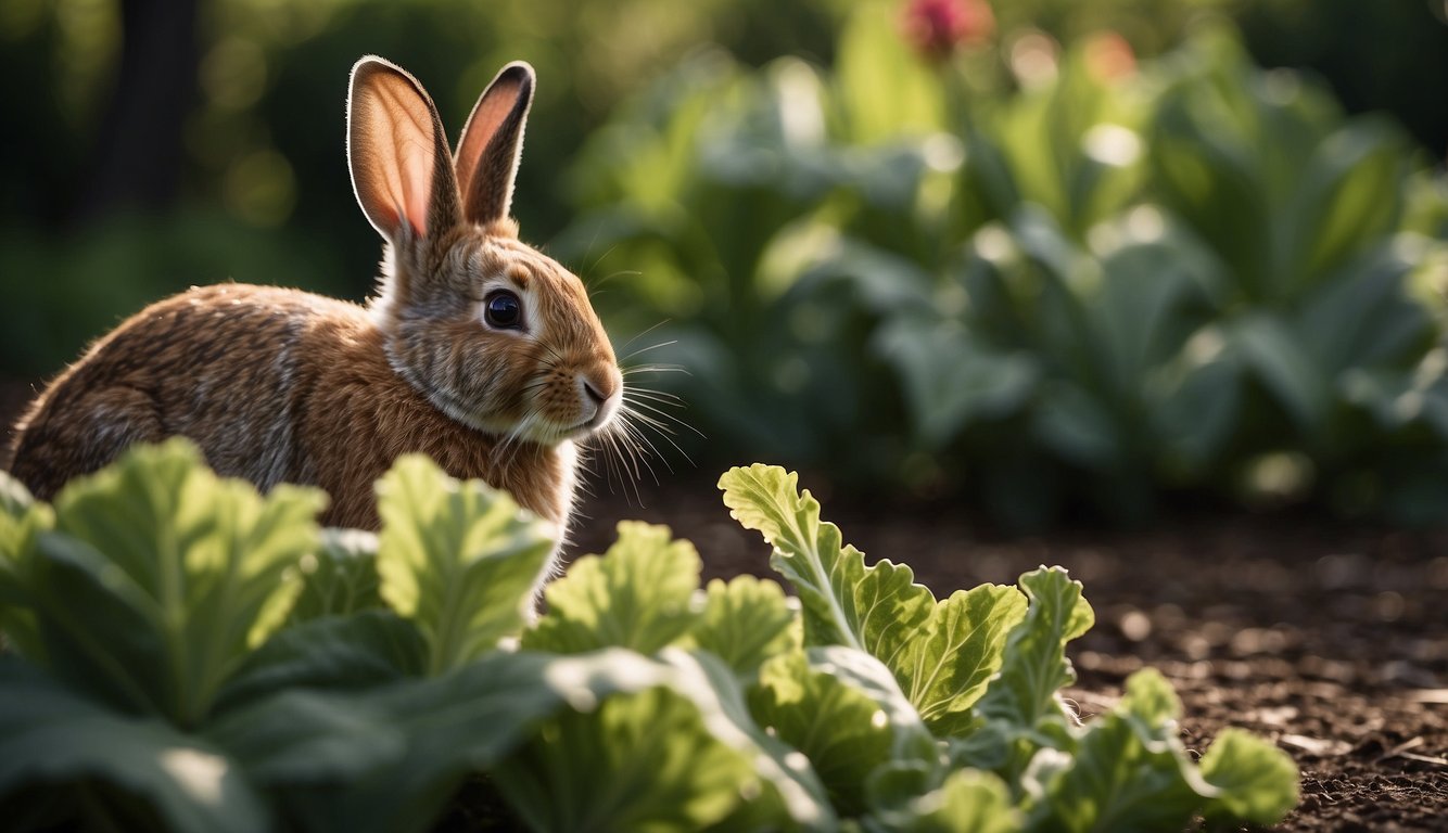 A rabbit near a rhubarb plant in a garden.