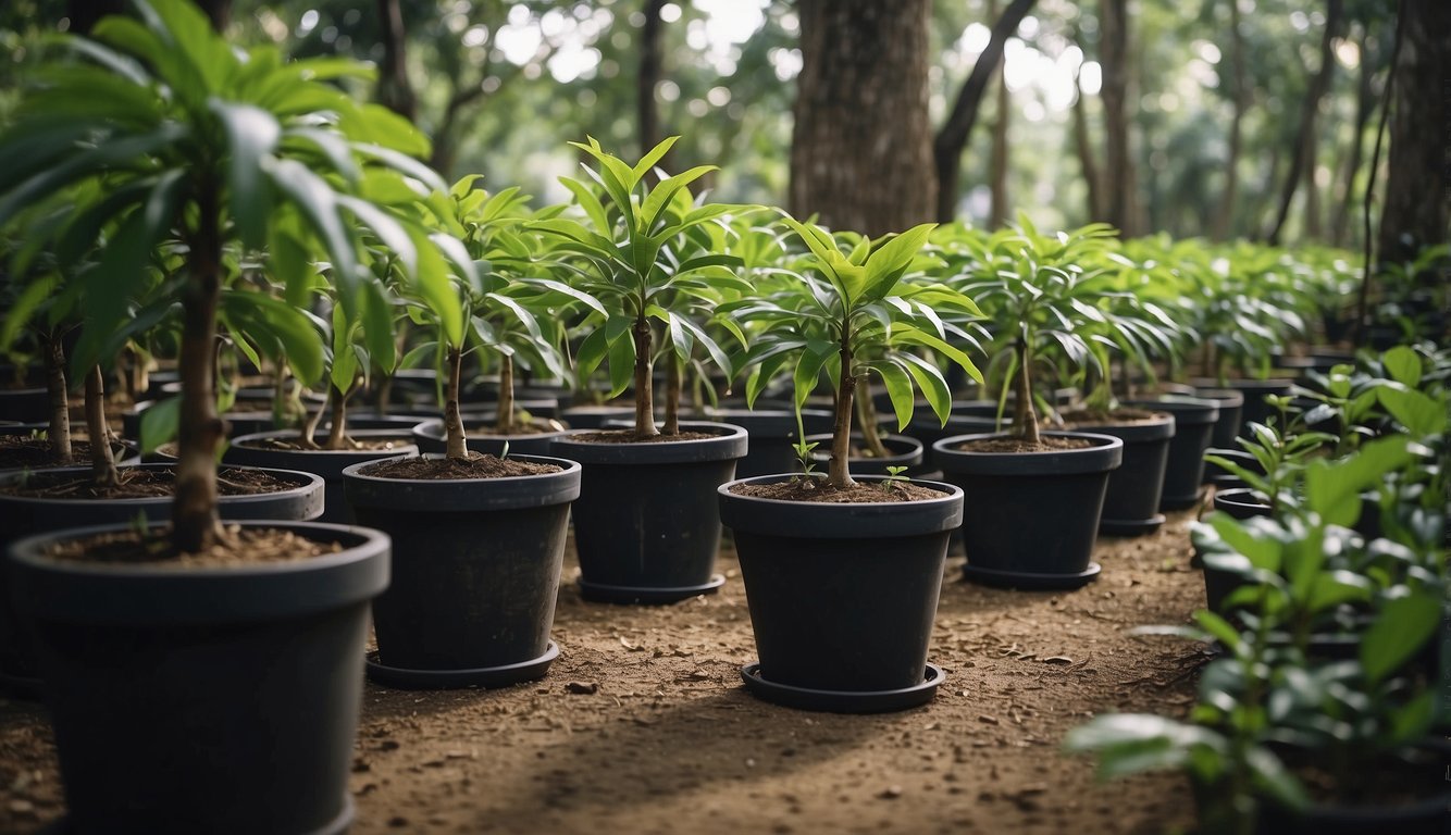 A collection of young rubber trees planted in black pots, arranged in rows on the ground amidst a natural, forested environment.