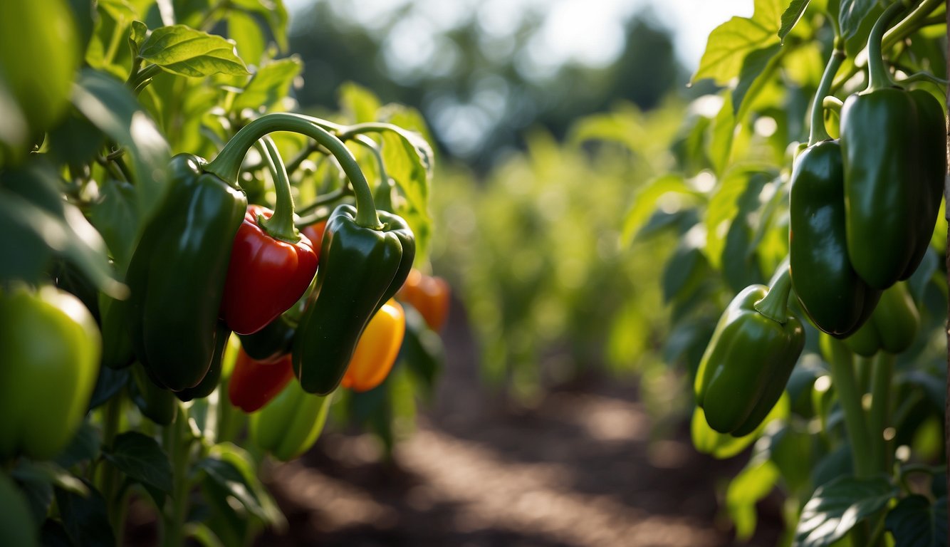A variety of green, red, and yellow peppers growing on lush plants in a garden.