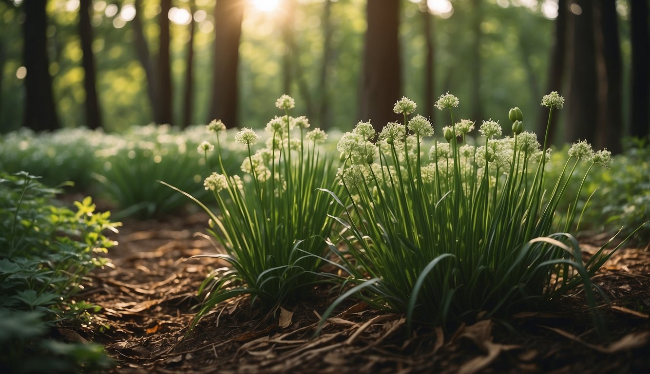 A serene image of lush green edible plants with white blossoms, illuminated by the soft sunlight filtering through the dense forest in Oklahoma.