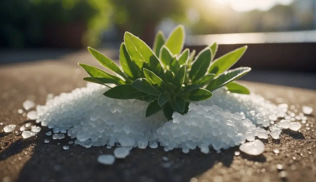 A green plant emerging from a pile of Epsom salt, illuminated by the sunlight.