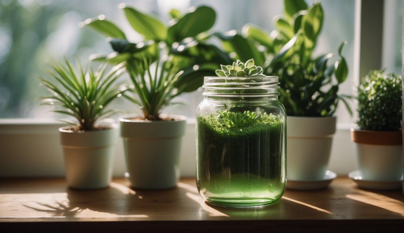 A variety of houseplants including a succulent, air plants, and others, with a focus on a jar of green Epsom salt solution for nourishing the plants.