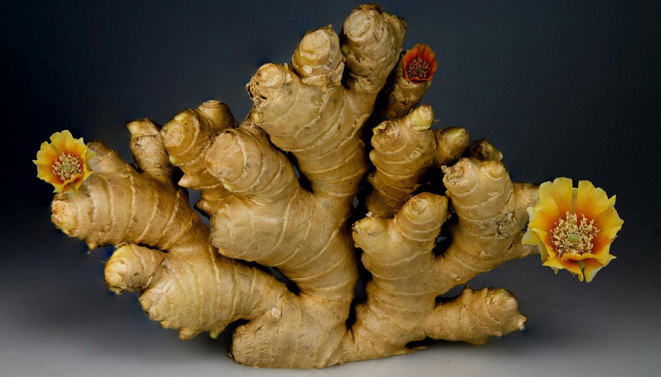 A large ginger root with vibrant yellow and orange flowers blooming from its tips, set against a dark background.