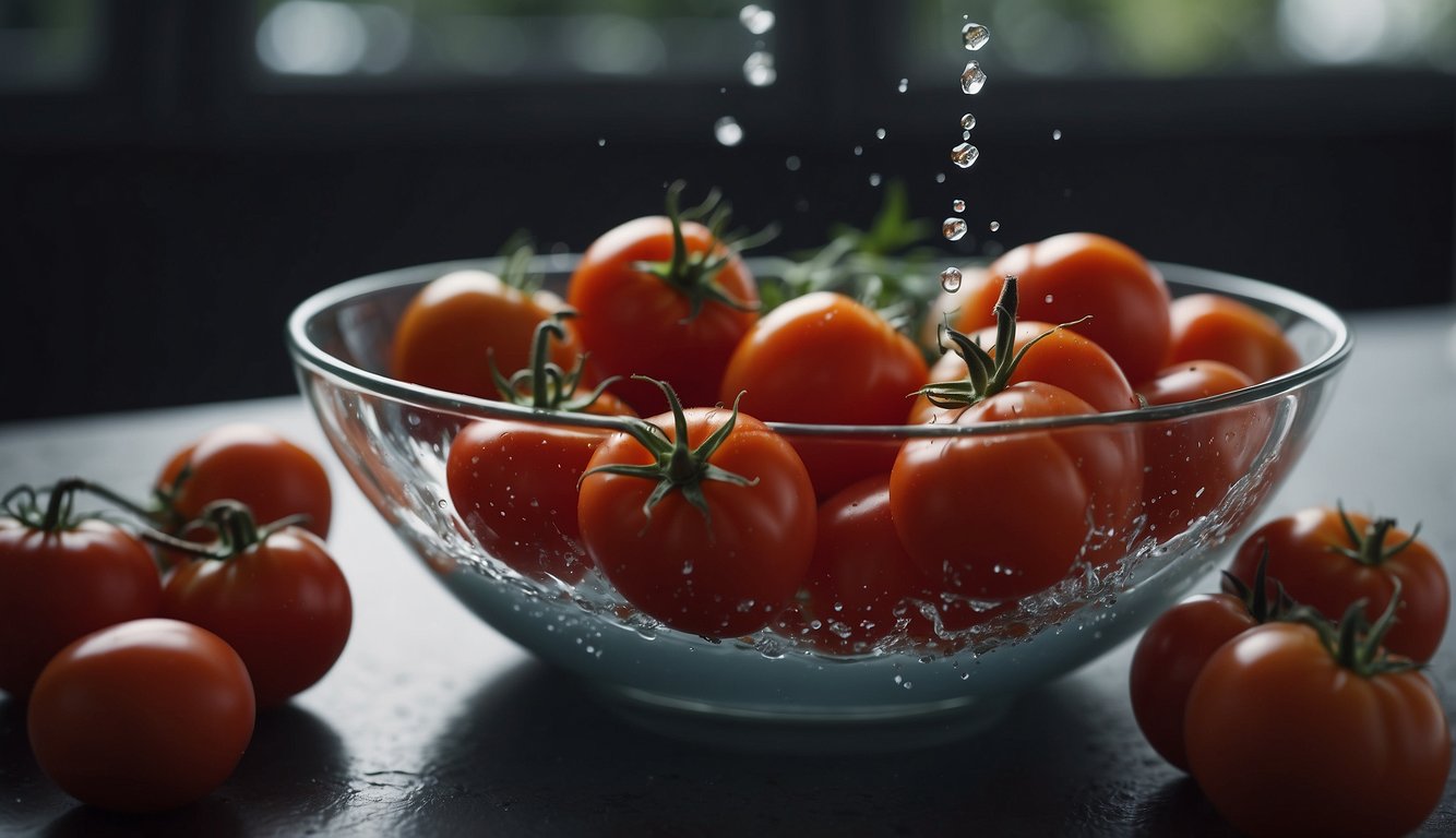 A bowl of fresh tomatoes being washed with water.