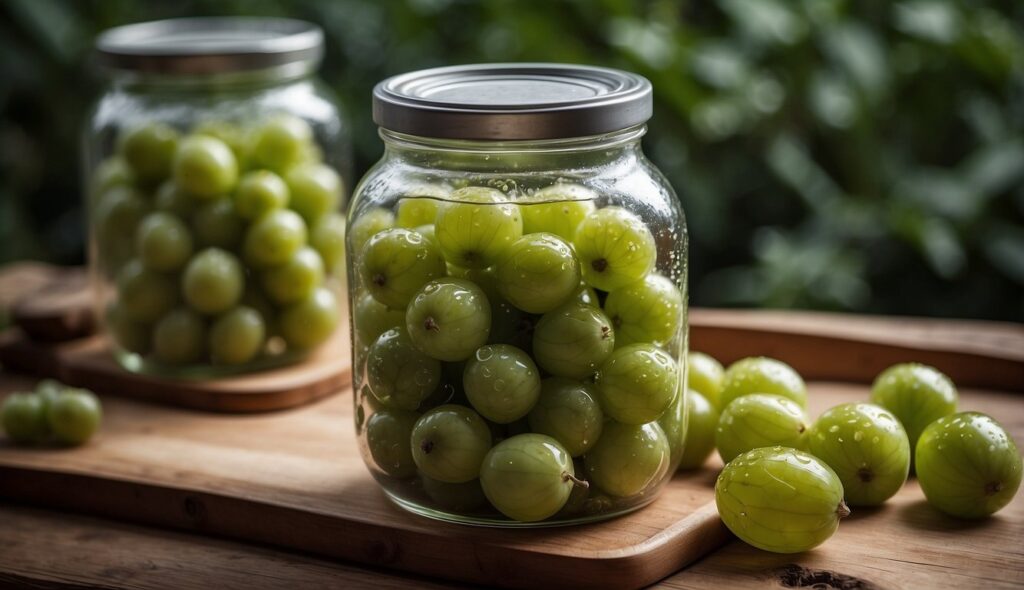 A close-up image of fermented cucamelons in a glass jar, with more cucamelons scattered on a wooden surface.