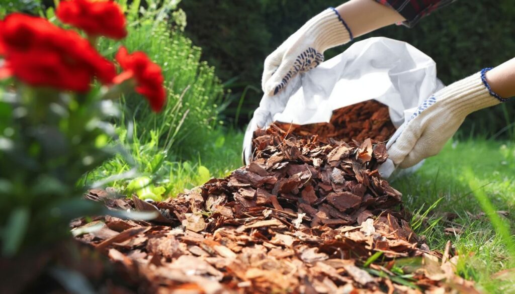 A gardener wearing gloves spreads fresh reddish-brown wood chips around flowering plants in a well-maintained garden bed.