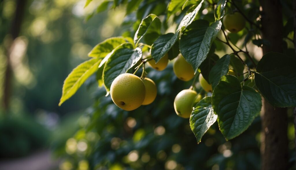 A bush with ripe yellow fruits and lush green leaves thriving in the shade.