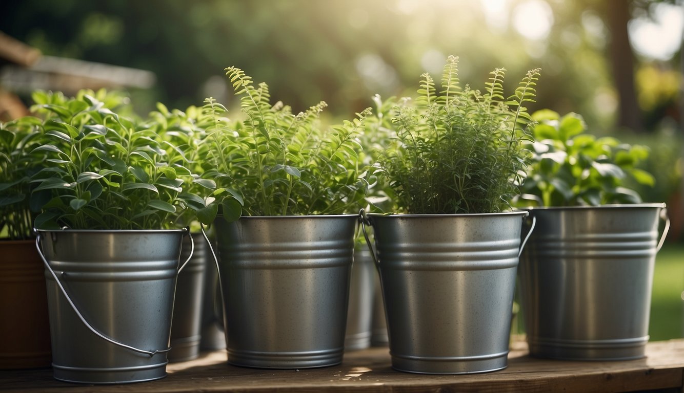 A row of five silver buckets filled with lush green plants, placed on a wooden surface, bathed in soft sunlight.