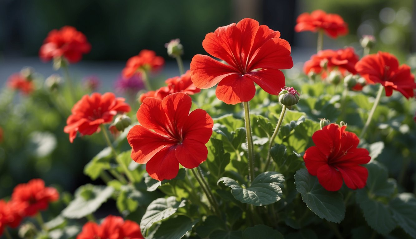 A cluster of vibrant red geranium flowers in full bloom, surrounded by lush green leaves, basking in the sunlight.