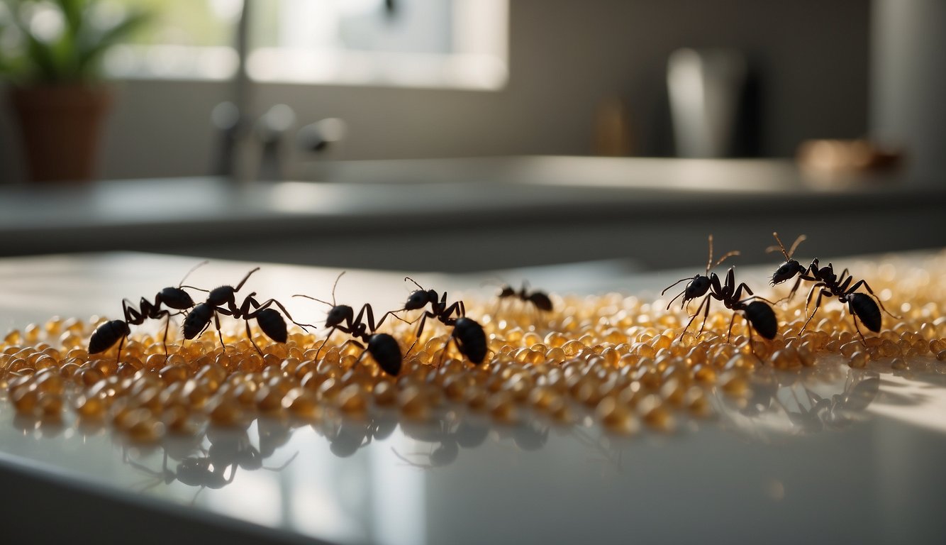 A group of black ants on a kitchen countertop, highlighting the need for pest control.