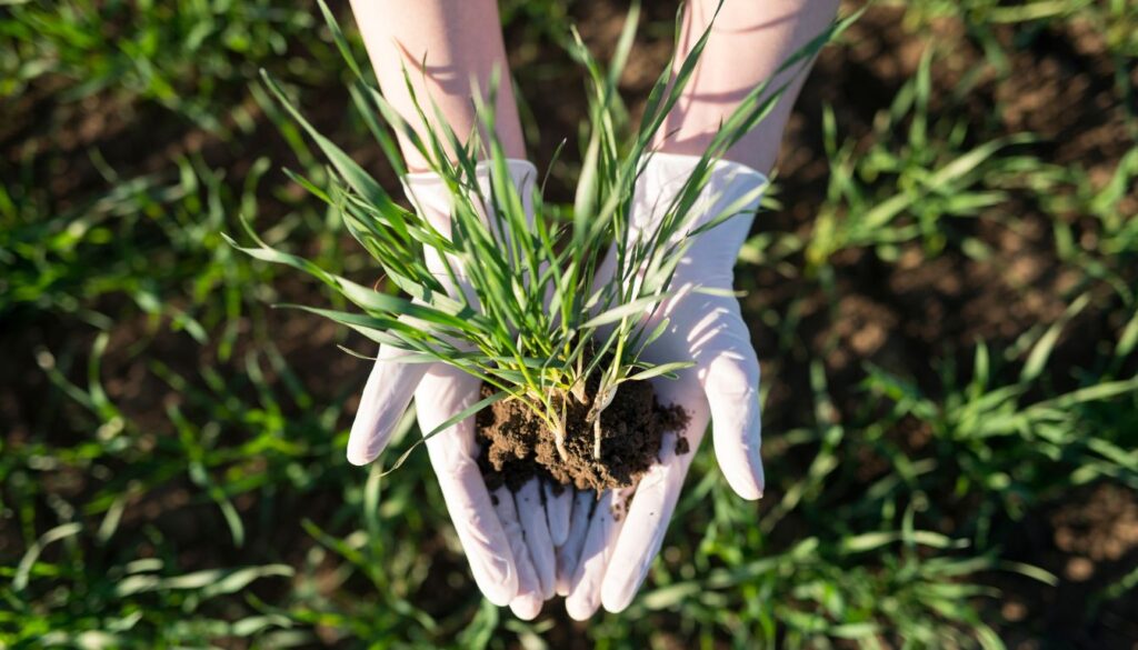 Gloved hands hold a clump of soil with green grass-like plants, set against a field of similar vegetation.