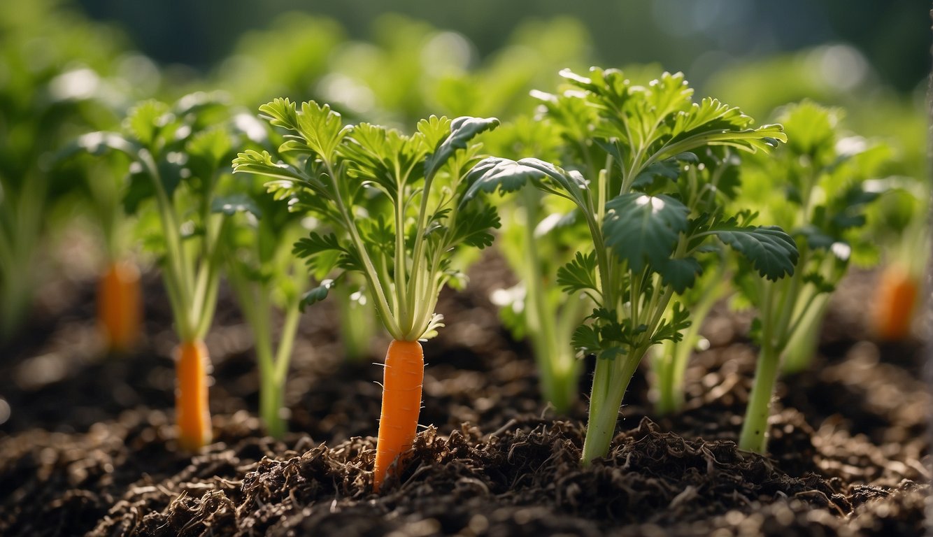 A close-up view of young carrot plants emerging from the soil, illuminated by sunlight.