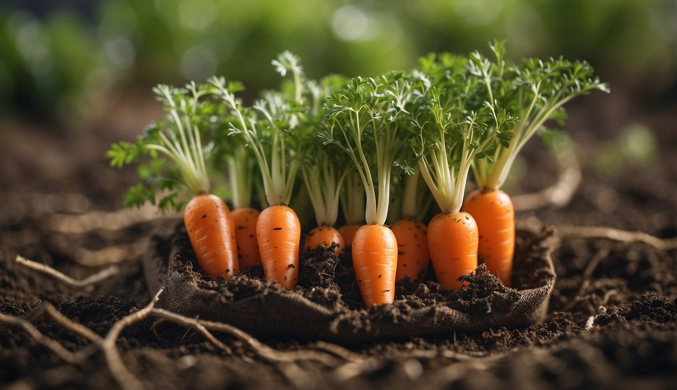 A close-up view of vibrant, orange carrots with lush green tops growing in rich, dark soil.