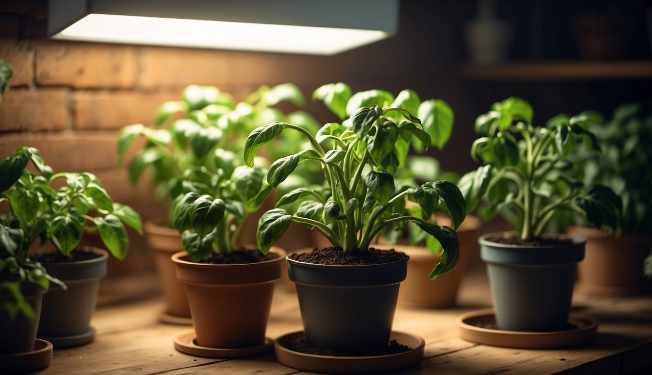 A group of healthy green pepper plants growing indoors under a bright light.