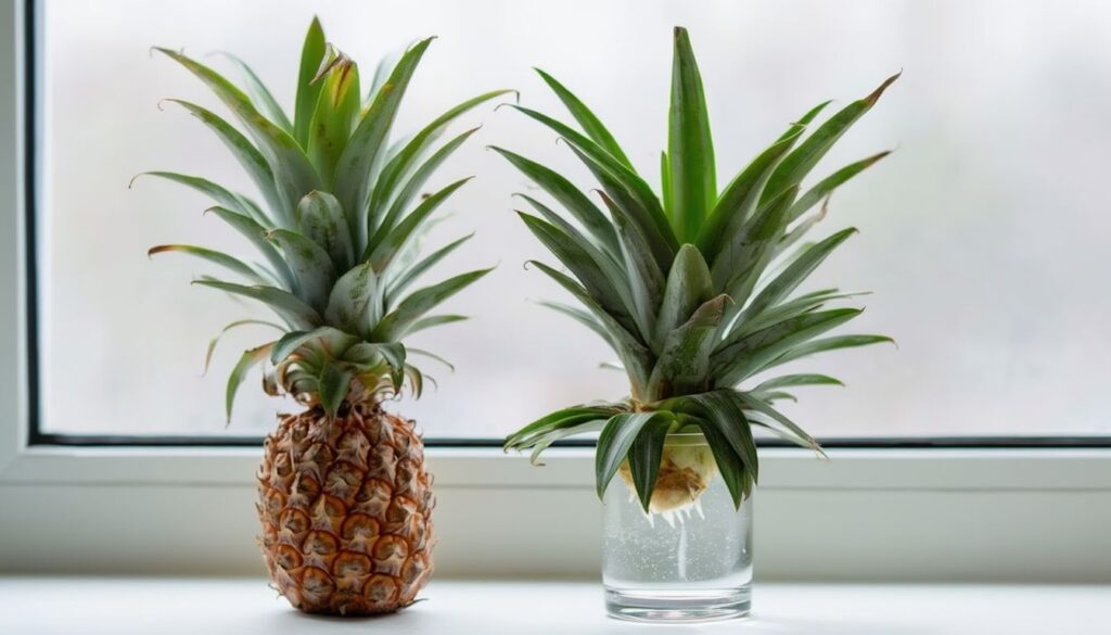 Two pineapple tops on a windowsill: one attached to fruit, the other rooting in a glass of water.