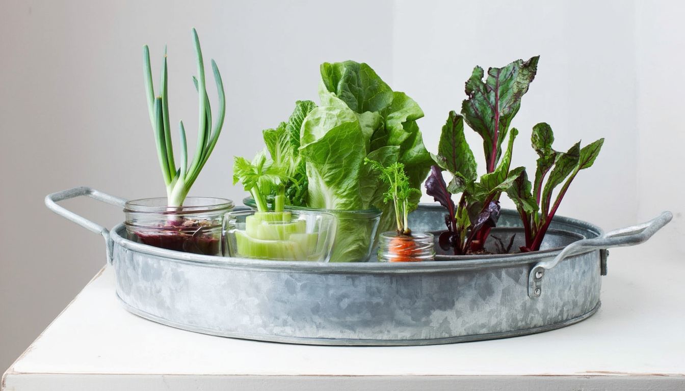 A metal tray holds glass jars with vegetable scraps regrowing in water, including green onions, celery, lettuce, carrots, and beets.