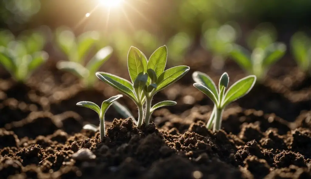 Young sage plants emerging from the soil, bathed in sunlight.