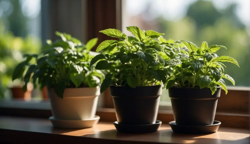 Three potted spearmint plants thriving on a sunny windowsill.