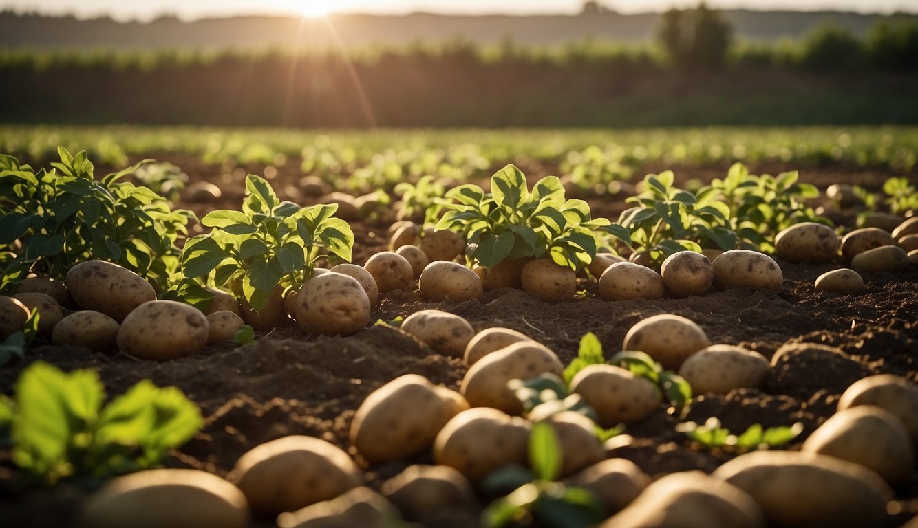 A serene image of early potatoes being harvested, scattered on the soil amidst green plants, under the golden hue of a setting sun.