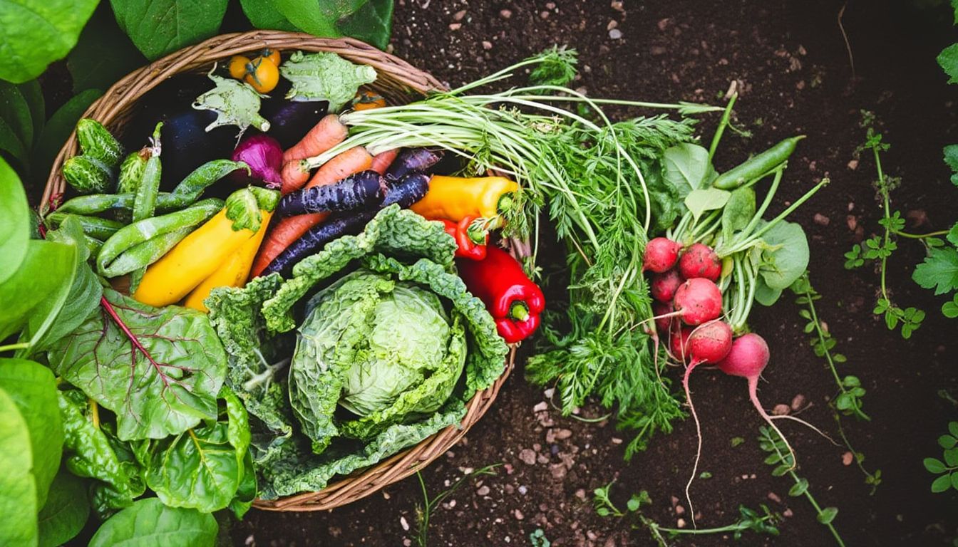 Freshly harvested garden vegetables including leafy greens, carrots, peppers, tomatoes, and eggplants displayed in a wicker basket on soil.